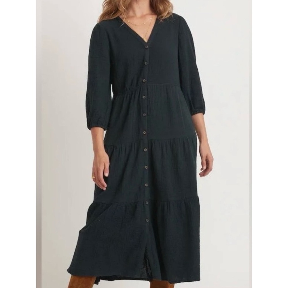 Marine Layer Willow Double Cloth Black Midi Dress Tiered Cotton Gauze Small NWT‎